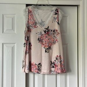 Flowy floral sleeveless lace trim top